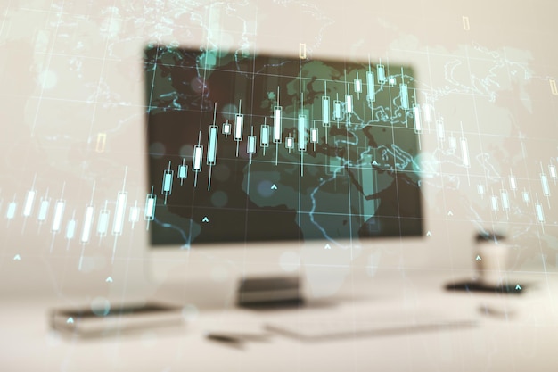 Multi exposure of abstract financial diagram with world map on computer background banking and accounting concept