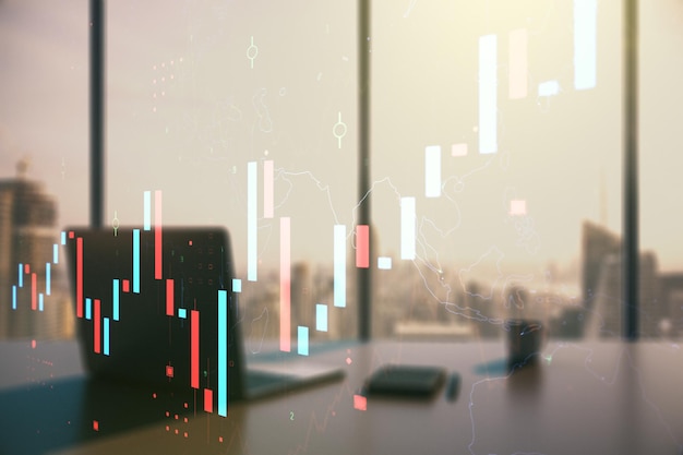 Multi exposure of abstract financial graph and modern desktop with pc on background financial and trading concept