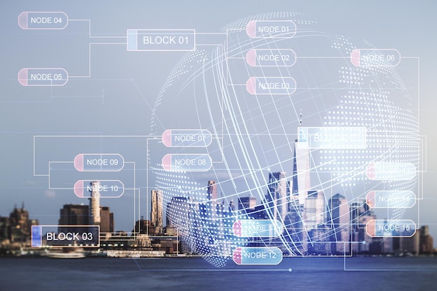 Multi exposure of abstract graphic coding sketch and world map on Manhattan cityscape background big data and networking concept