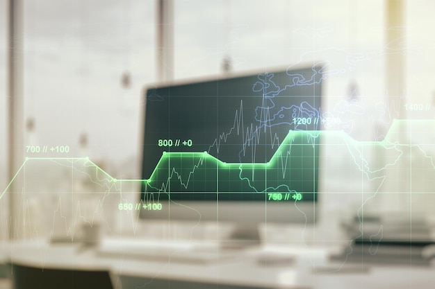 Multi exposure of abstract graphic data spreadsheet sketch on modern computer background analytics and analysis concept