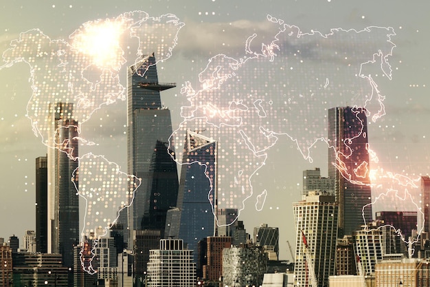 Multi exposure of abstract graphic world map on Manhattan cityscape background big data and networking concept