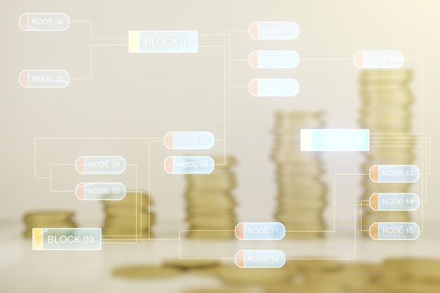 Multi exposure of abstract programming language hologram on growing coins stacks background artificial intelligence and machine learning concept