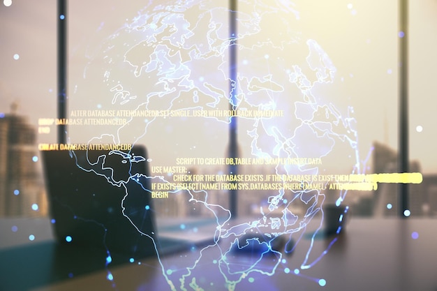 Multi exposure of abstract programming language hologram with world map and modern desk with computer on background artificial intelligence and neural networks concept