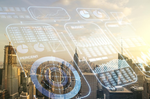 Multi exposure of abstract virtual graphic data spreadsheet sketch on Manhattan cityscape background analytics and analysis concept