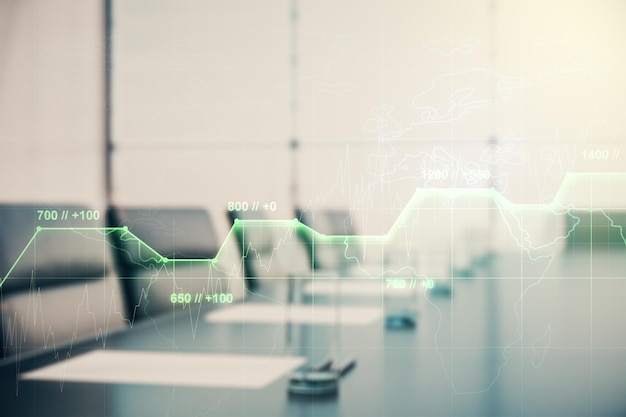 Multi exposure of abstract virtual graphic data spreadsheet sketch on a modern furnished classroom background analytics and analysis concept