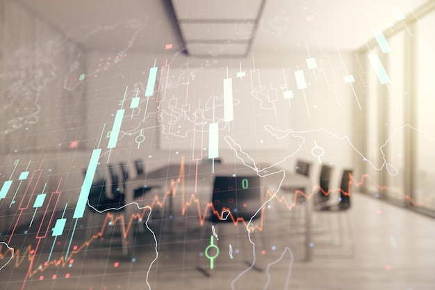 Multi exposure of virtual abstract financial chart hologram and world map on a modern meeting room background research and analytics concept