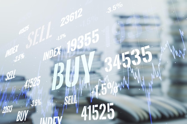 Multi exposure of virtual abstract financial diagram on growing coins stacks background banking and accounting concept