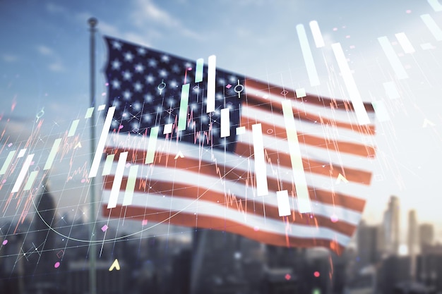 Multi exposure of virtual abstract financial diagram on US flag and city background banking and accounting concept