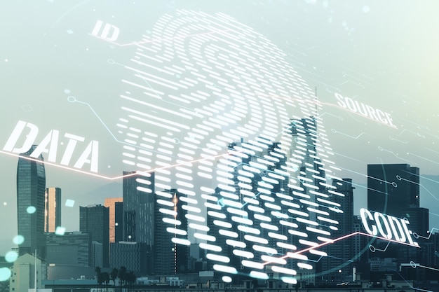 Multi exposure of virtual fingerprint scan interface on Los Angeles office buildings background digital access concept