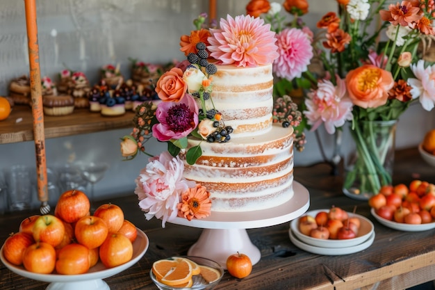 Multi Tiered Wedding Cake Adorned with Flowers and Berries on Elegant Dessert Table with Fresh