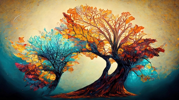 Multicolor abstract autumn tree painting Colorful leaves forming a Tree of Life