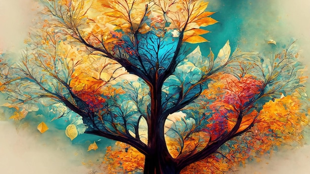 Multicolor abstract autumn tree painting Colorful leaves forming a Tree of Life