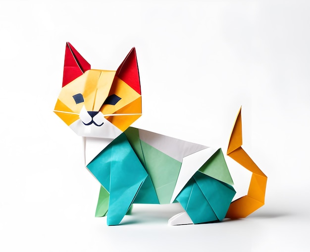 A multicolor cat from paper is located on a white background isolated object art origami