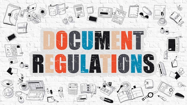 Multicolor Concept Document Regulations on White Brick Wall with Doodle Icons Around Modern Illustration with Doodle Design Style