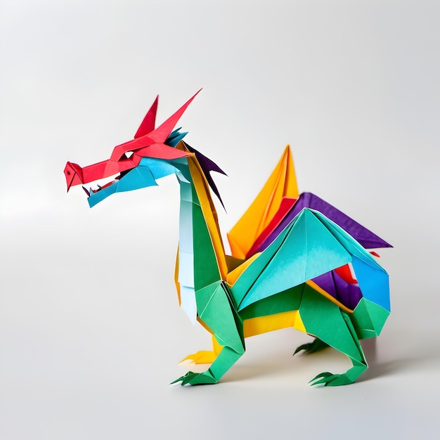 A multicolor dragon of paper on a white background isolated objects Japanese art origami