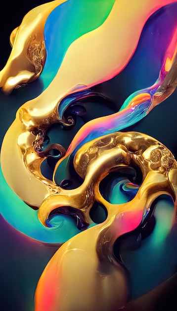 Multicolor neon gold abstract dynami fluid liquid swirls shape background Trendy psychedelic design