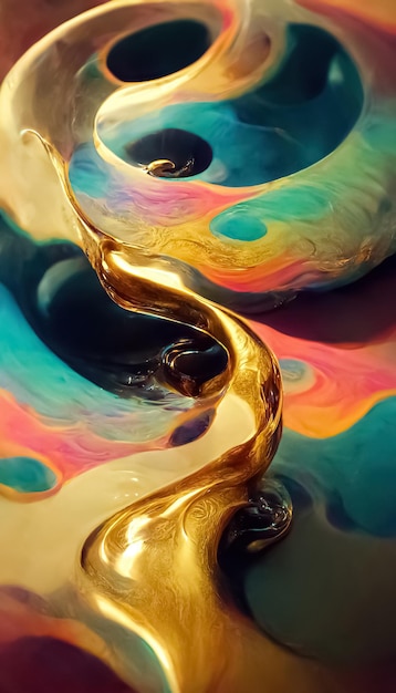 Multicolor neon gold abstract dynami fluid liquid swirls shape background Trendy psychedelic design