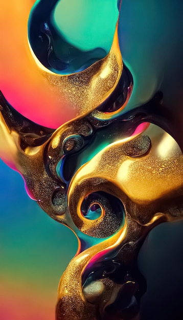 Multicolor neon gold abstract dynamic fluid liquid swirls shape background 3D digital illustration