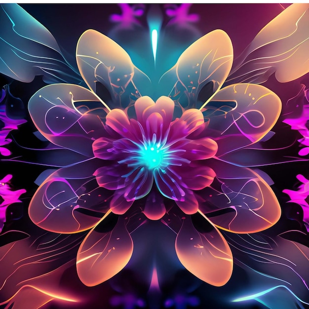 Multicolor neon light drawing abstract shape flowers isolated on black background Glowing line art