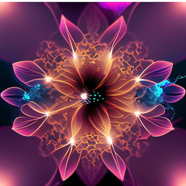 Multicolor neon light drawing abstract shape flowers isolated on black background Glowing line art