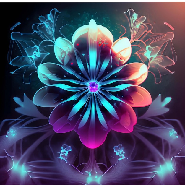 Multicolor neon light drawing abstract shape flowers isolated on black background Glowing line art