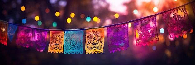 Multicolor Papel picado banner at night party Fiesta vibes Made with Generative AI