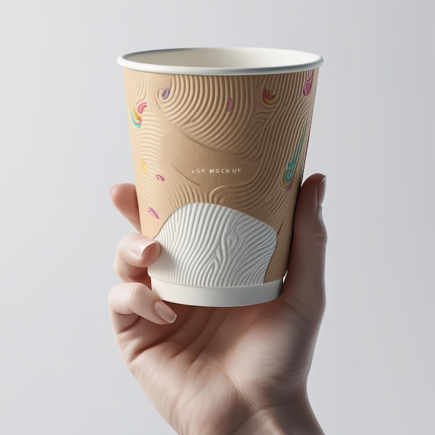 Photo multicolor paper cup mockup in hand