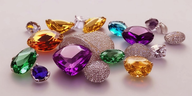 Multicolor small precious jewels on white background