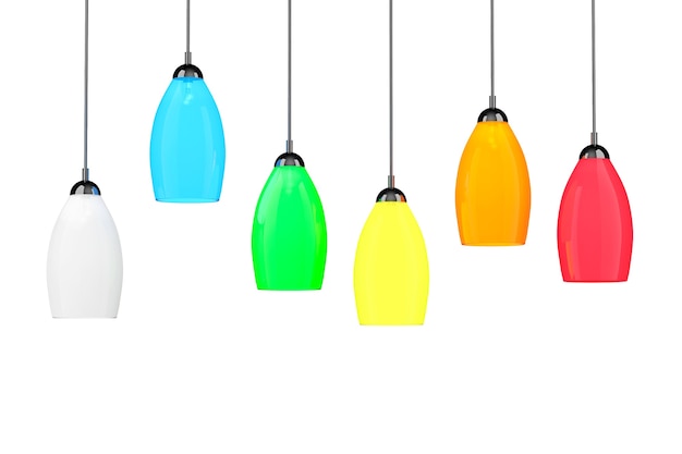 Multicolor tall floor lamps on a white background