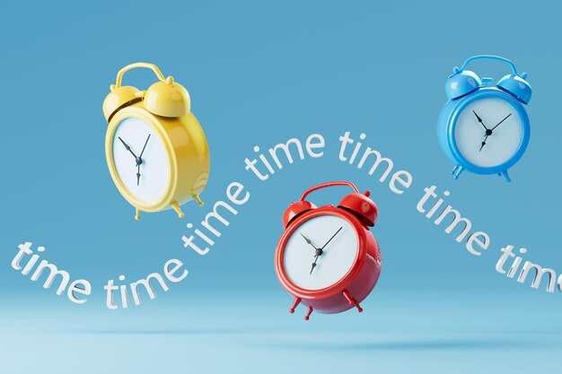 Multicolored alarm clocks and endless time writing scattering on a blue background 3D render