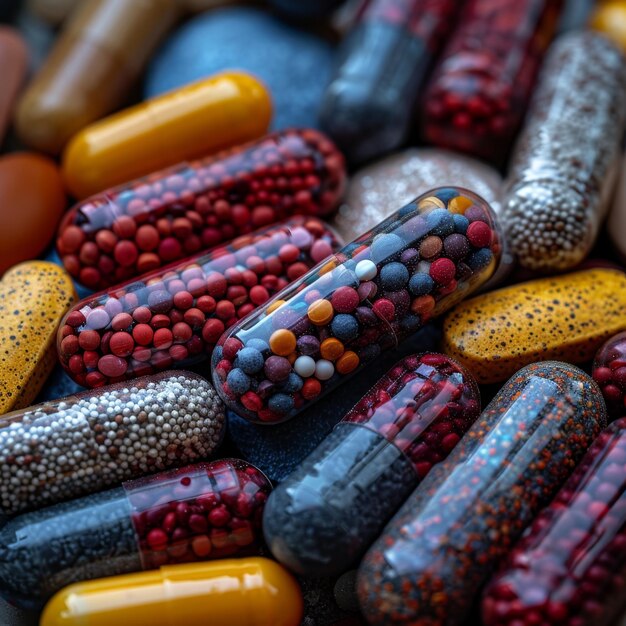 Multicolored assorted pills and capsules closeup