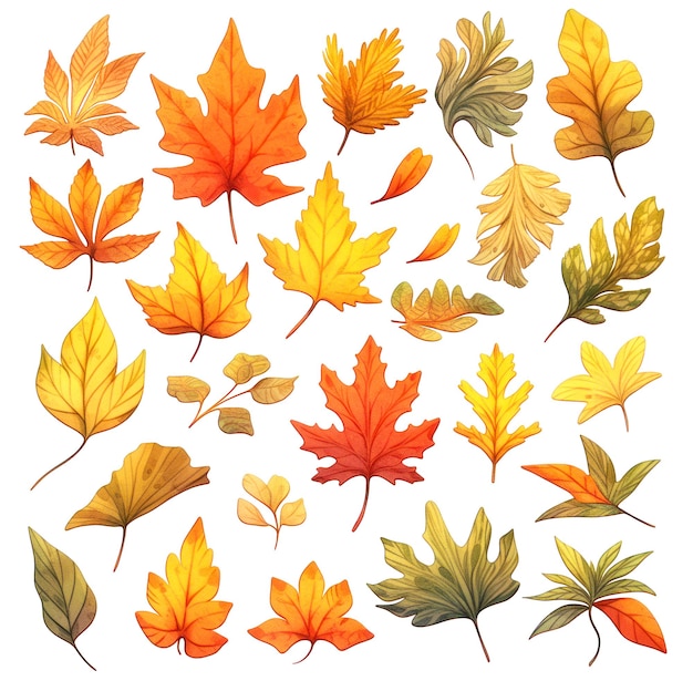 Multicolored autumn tree leaves collection in watercolor style isolated on white background Generative AI illustration