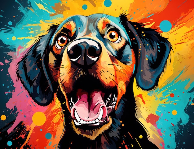 multicolored background with the image of a hungry dog with funny facial expressions Generative AI