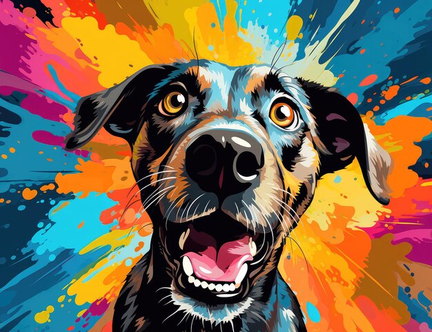 multicolored background with the image of a hungry dog with funny facial expressions Generative AI