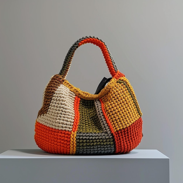 a multicolored bag with a handle that says quot crochet quot