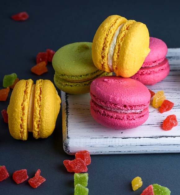 Multicolored baked cakes of almond flour macarons 