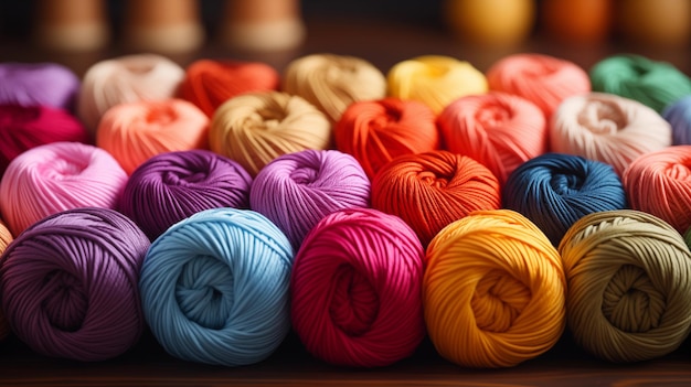 Multicolored balls of knitting thread lie on a wooden table For a banner or poster Copy space