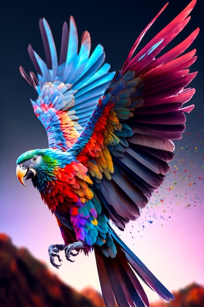 Multicolored bird is flying in the air with its wings spread Generative AI