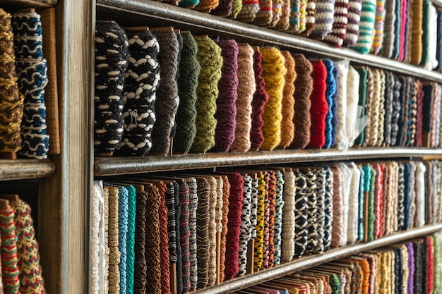 Multicolored braid on the counter of the store for decoration sewing and needlework