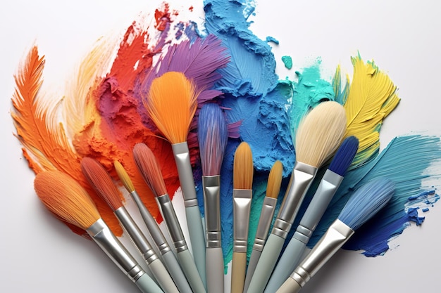 Multicolored brushes characterized by waterbased paint on white in a free and gentle colorful m