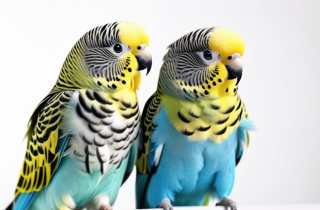 Photo multicolored budgies or melopsittacus undulatus on a white background closeup