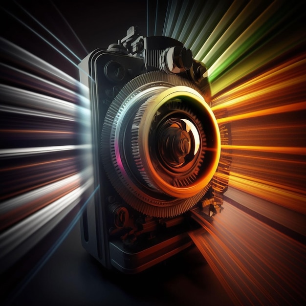 A multicolored camera is shown with a rainbow background.