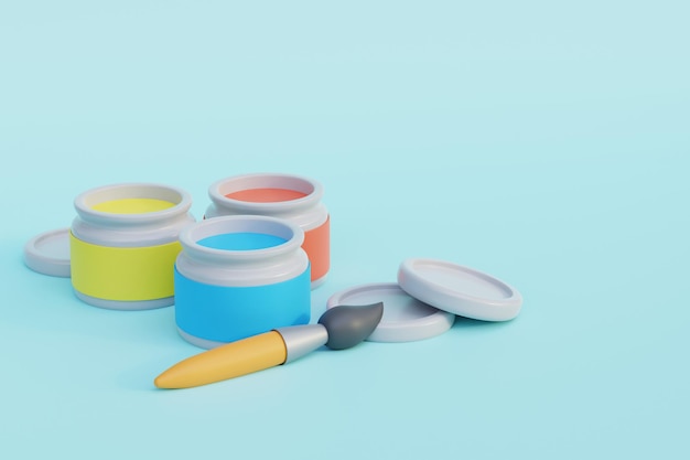 Multicolored cans with colored paint brush and lids 3d render