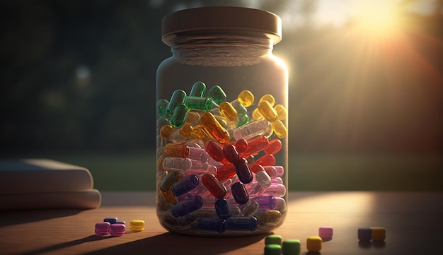 Multicolored capsule pills in a transparent jar Generative AI