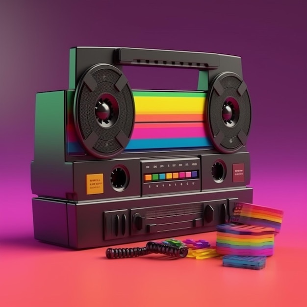 A multicolored cassette player with a rainbow colored stripe.