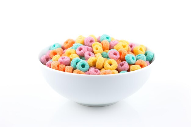 Multicolored cereals in a bowl on white background