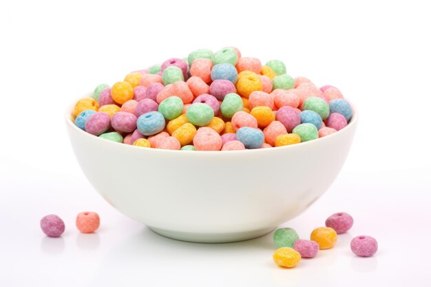 Multicolored cereals in a bowl on white background