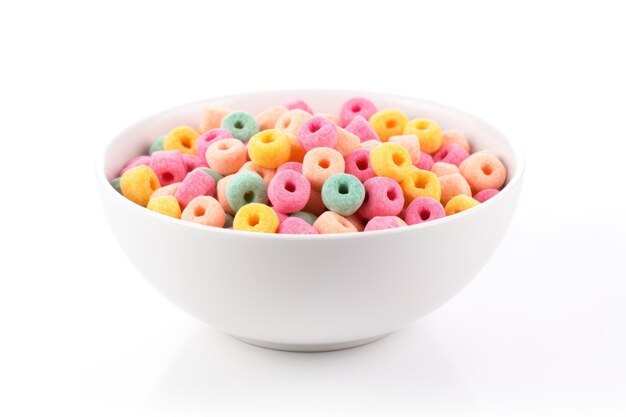 Multicolored cereals in a bowl on white background