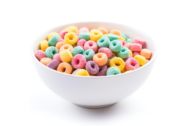 Multicolored cereals in a bowl on white background