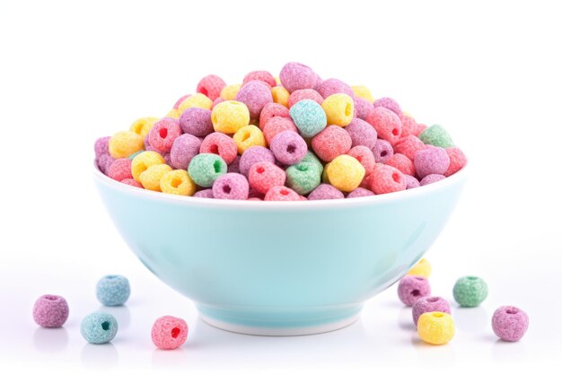 Multicolored cereals in a bowl on white background